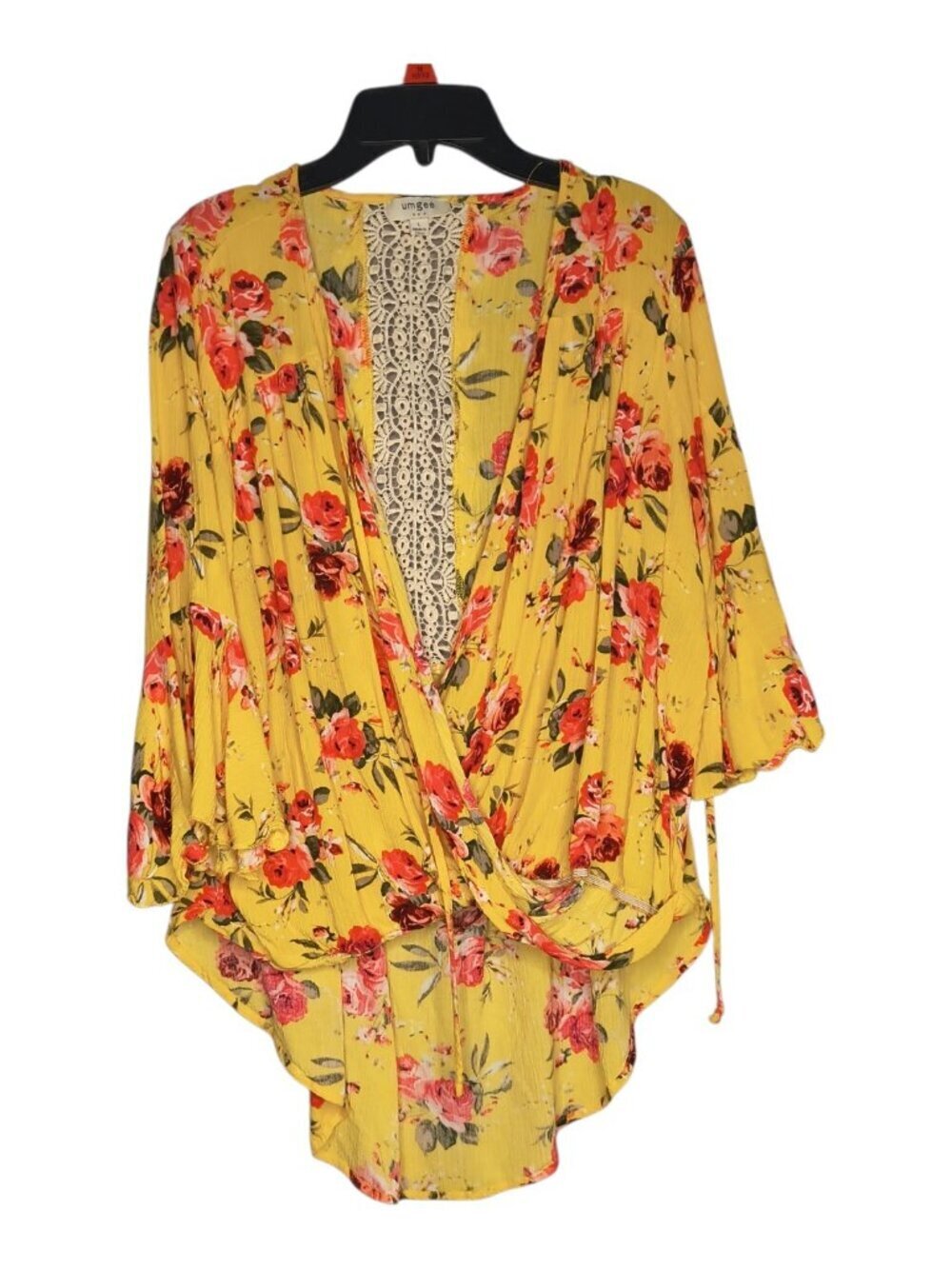 Umgee Yellow Floral Poppy High Low Cowl Neck Blouse Women's Size Large Blouse